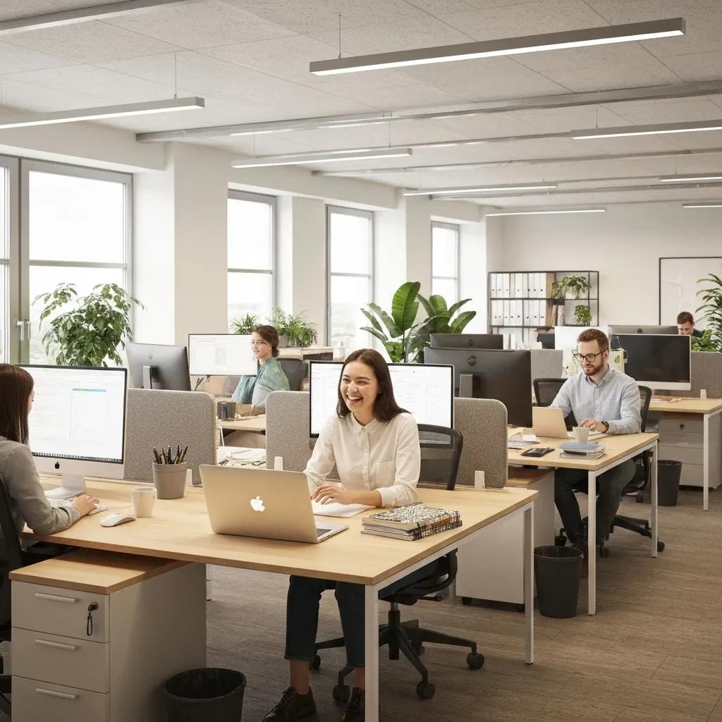 Happy employees working in a clean and organized office space