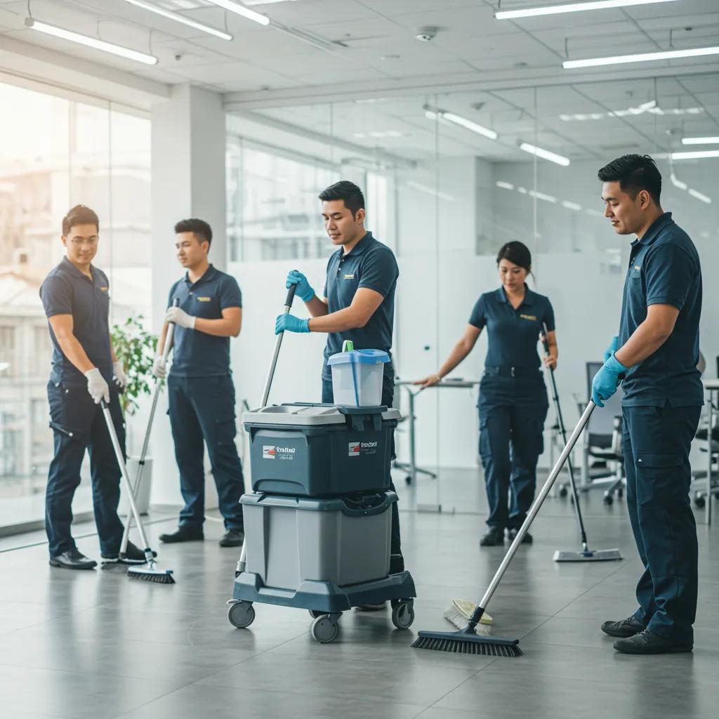 Professional cleaning team using modern equipment in a bright office environment